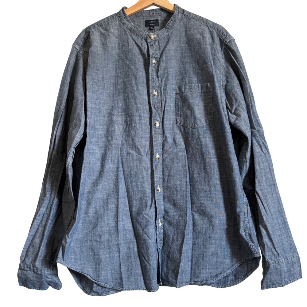J.Crew Mens Chambray Band Collar Shirt XL Blue Cotton Long Sleeve Old Money - Picture 2 of 7